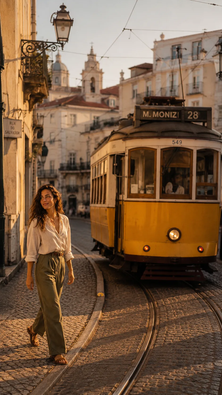 Mila Sol walking past Tram 28 in Alfama, Lisbon — golden hour, film grain.