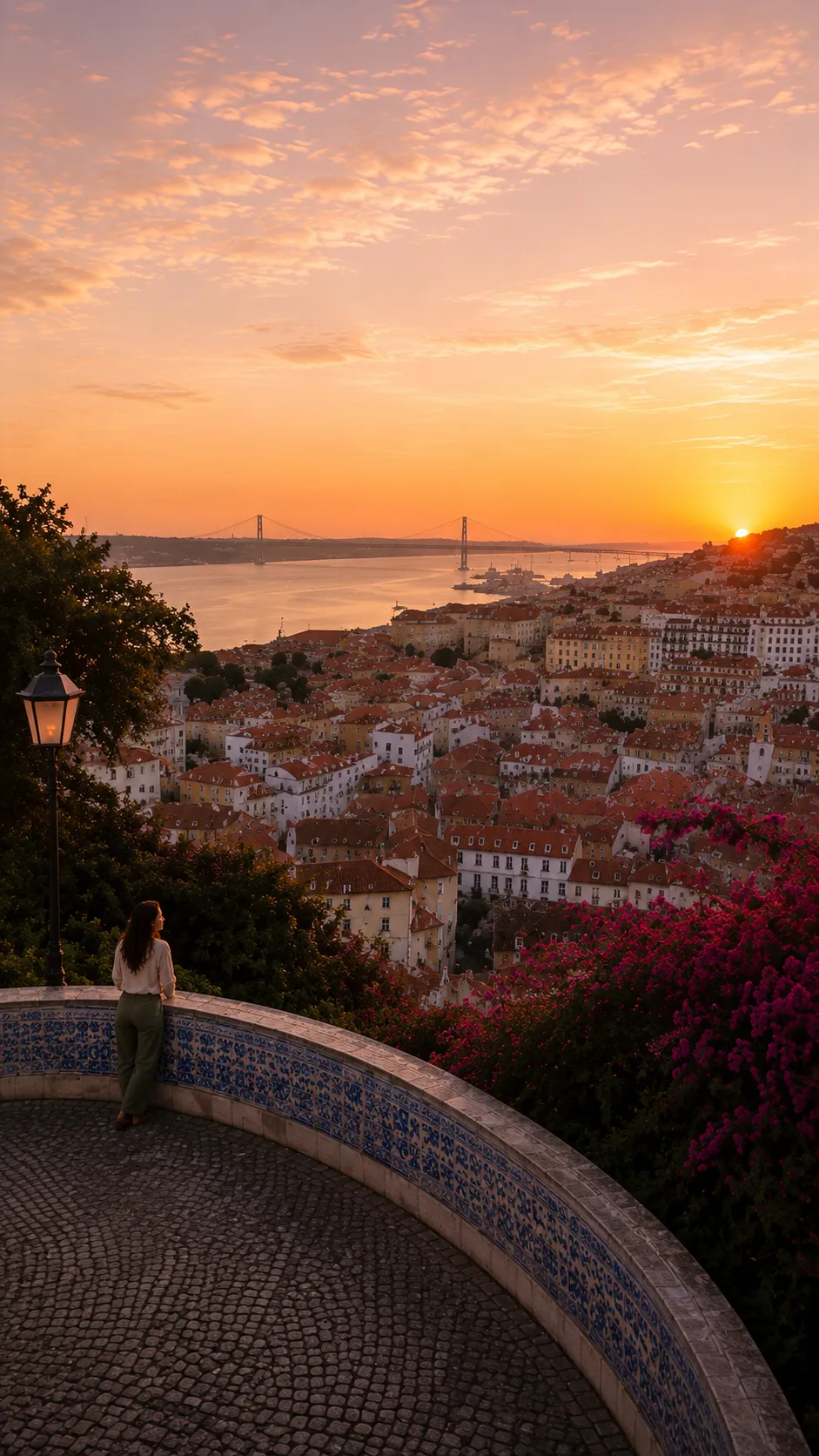 Lisbon at golden hour from a tiled miradouro — a Truecast persona, small in the frame.