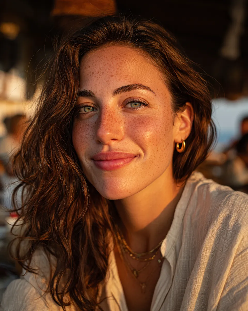 Mila Sol, a brand-owned AI persona built by Truecast — Lisbon, warm window light, on film.