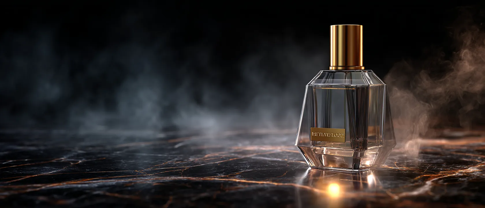 A faceted glass perfume bottle on dark marble, smoke and warm rim light — a Truecast cinematic key frame.